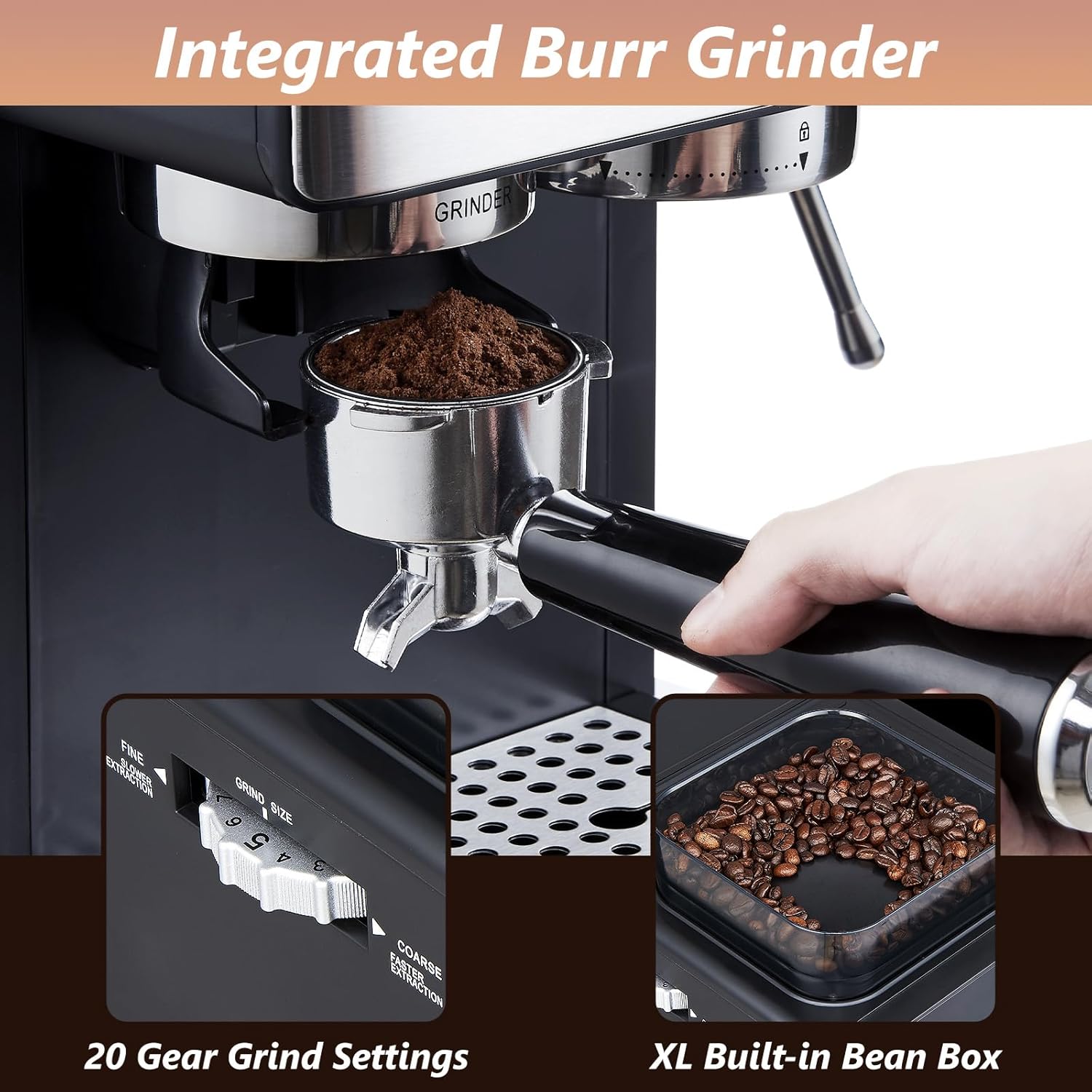 Professional Electric Espresso Coffee Machine Powerful 15/20bar Pressure Pump Cappuccino Latte Grinder Made Durable Plastic