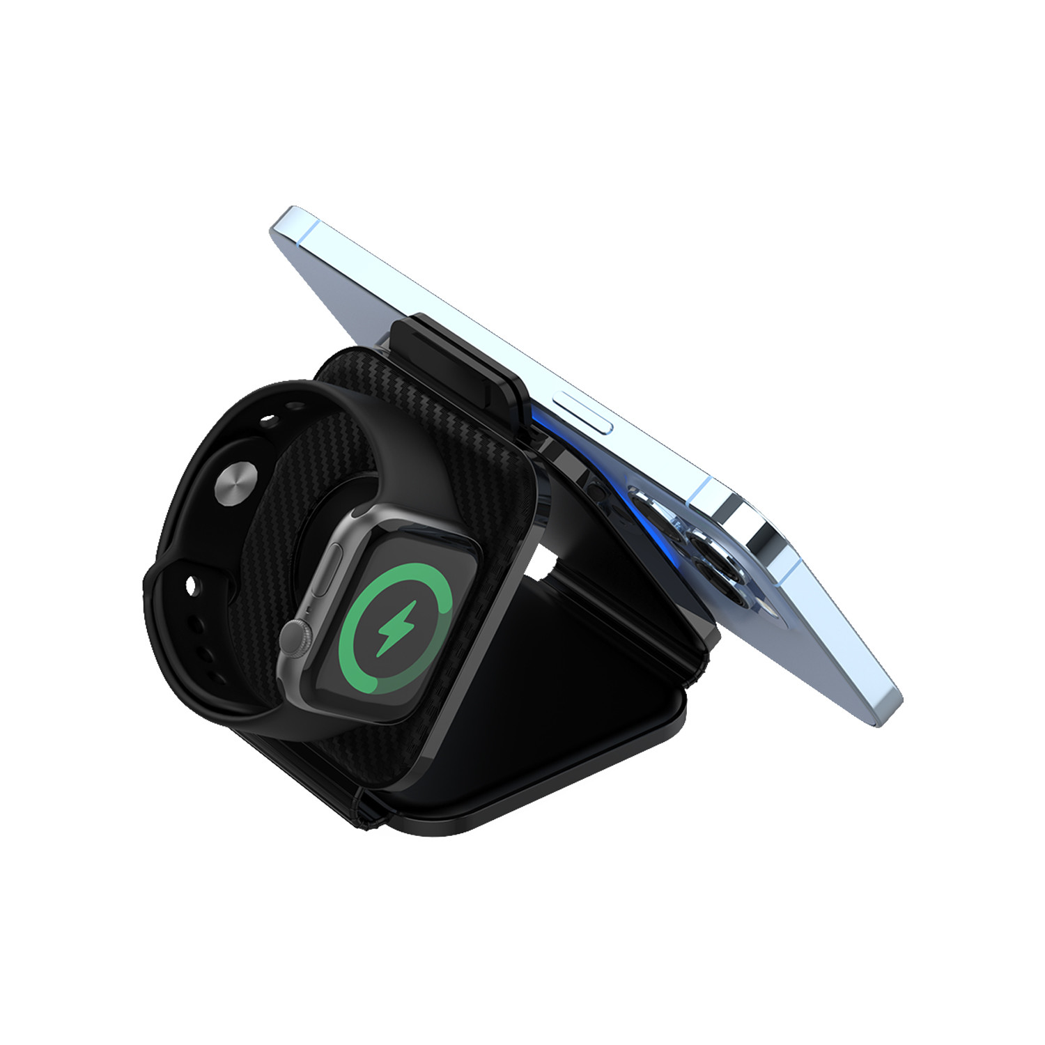 Portable Three-In-One Magnetic Wireless Charger for Fast Phone Charging in Black/White