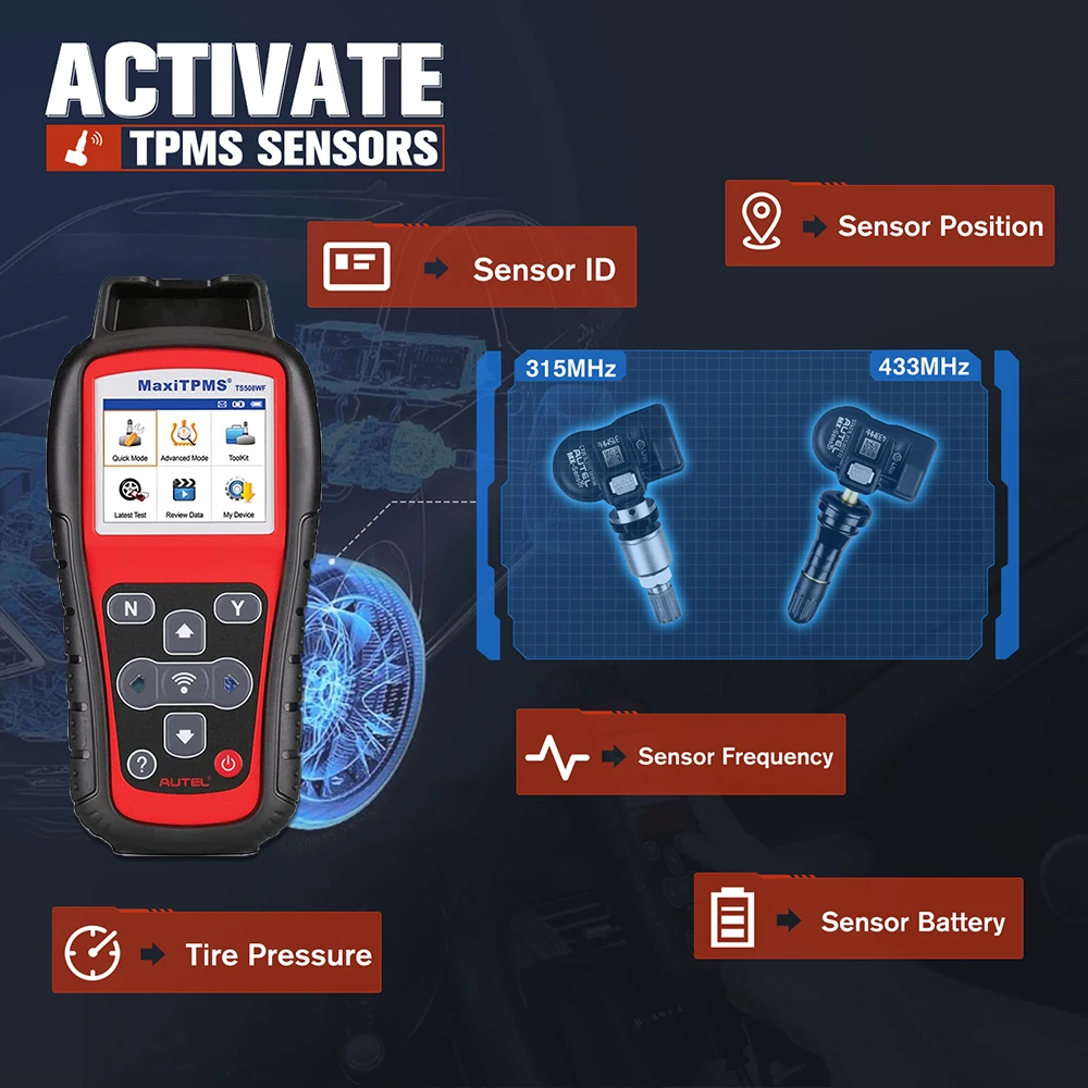 Autel MaxiTPMS TS508WF TPMS Programming Tool MX-Sensors 315 433 MHz TPMS Relearn Activate All Sensors Scan Read Clear DTCs Reset