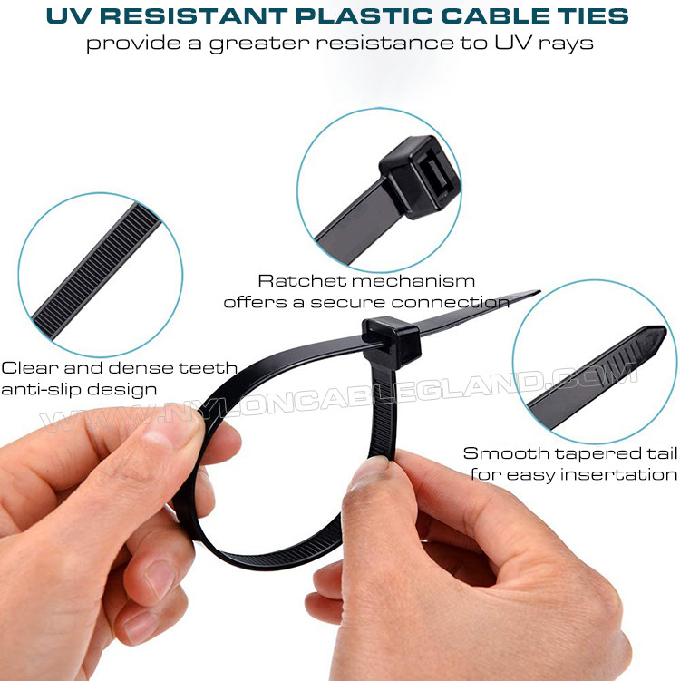UV Resistant Black Polyamide 6.6 Cable Tie Plastic Zip Tie 200mm x 4.8 (22kgs, 50lbs) for high UV Environments