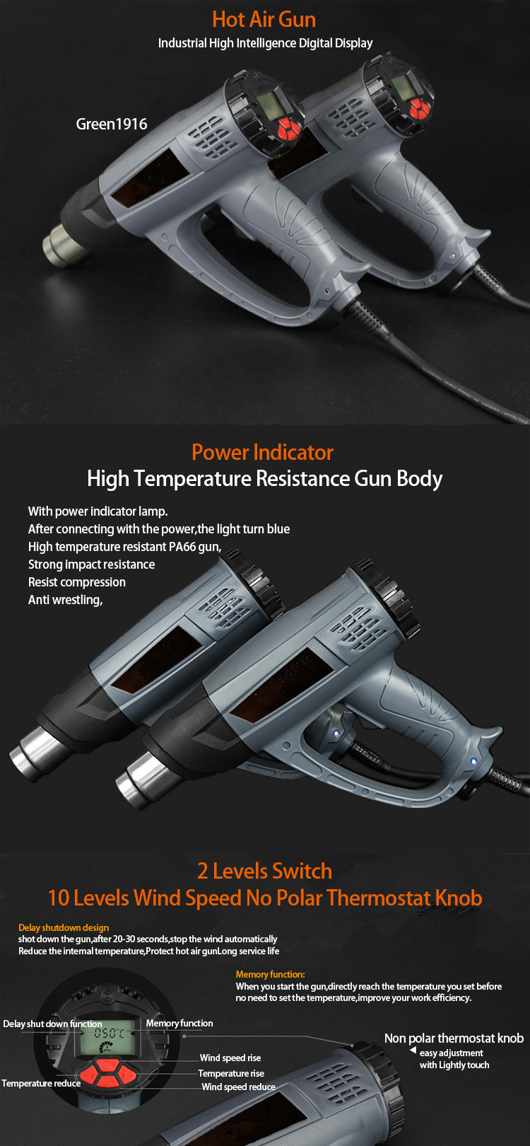 220V Hot Air Heat Gun AC Green 1916 2000W With Temperature Digital Display