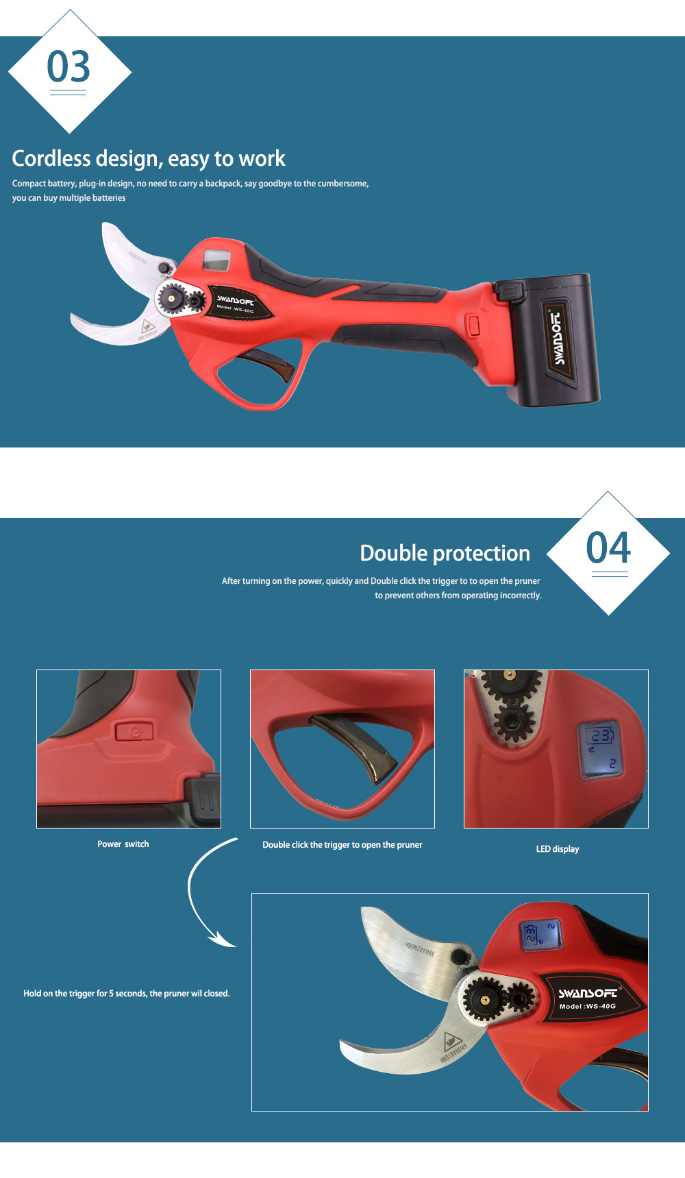 Finger Protection Swansoft Cordless 4.0CM Electric Pruner Pruning Shears with LED Display for Vineyard and Orchard