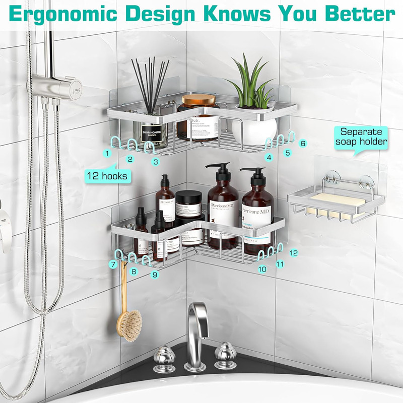 Anti-rust Hanging Large Capacity Stainless Steel Shower Caddy with Adhesive for Corner Space