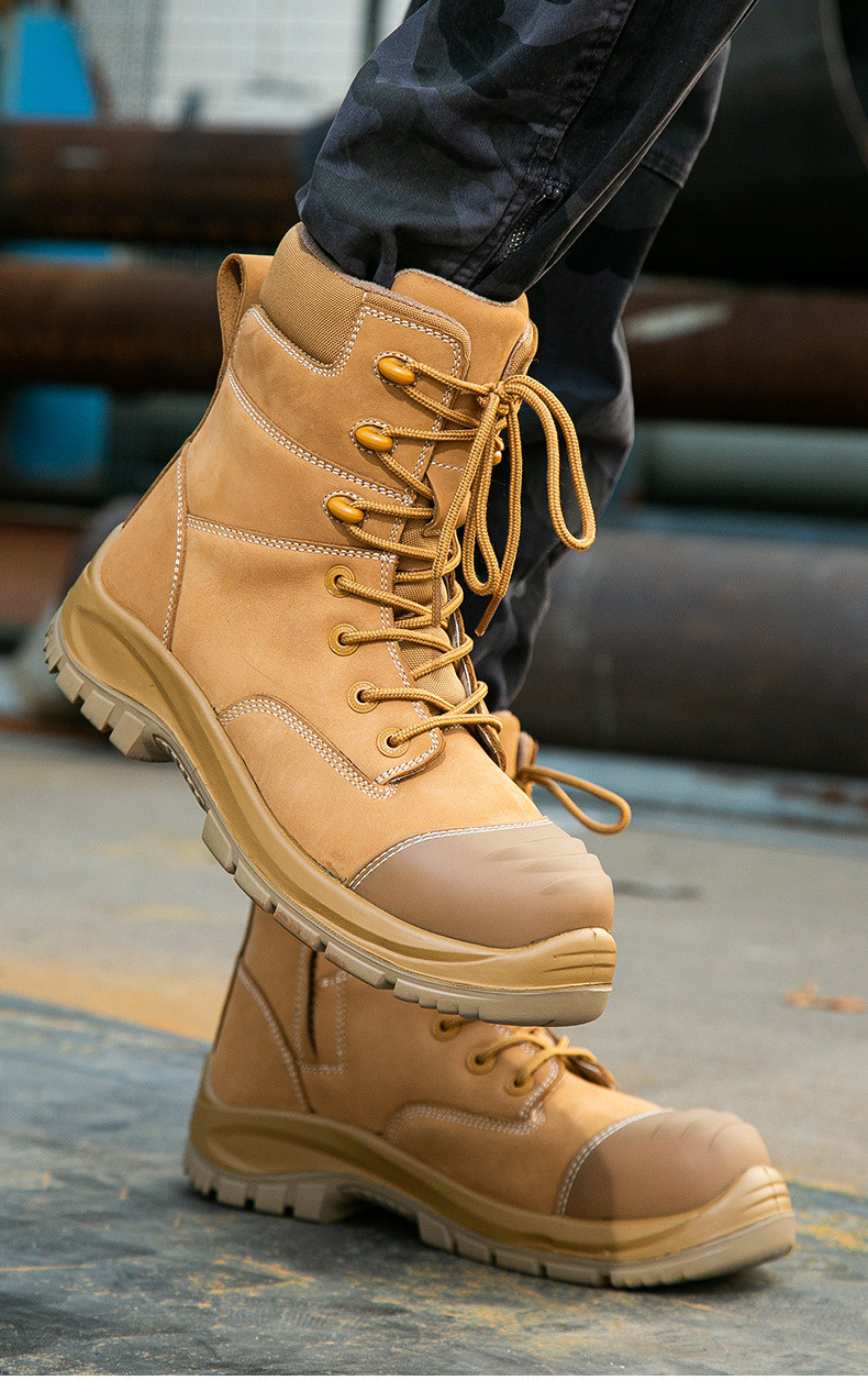 Security Work Boots Wheat Cowhide Safety Boots Rubber Sole Glass Fiber Toe Anti-smashing Kevlar Anti-proof Work Shoes