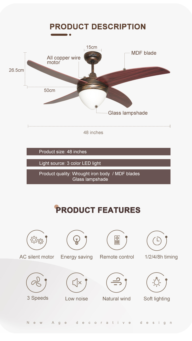 48 Inch Luxury Electrical Ceiling Fan with LED Light Source and Modern Design Style