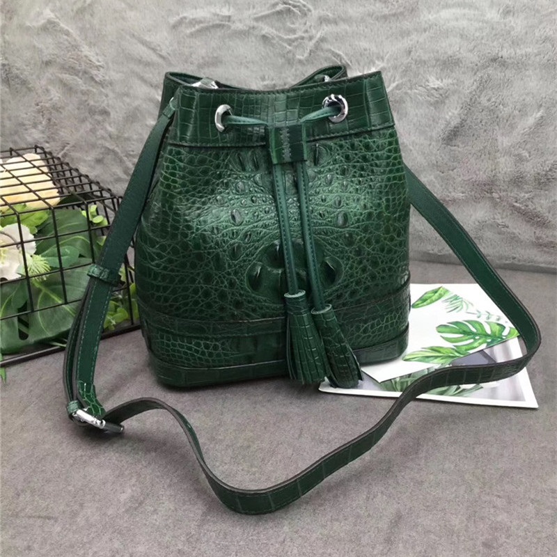 Authentic Crocodile Skin Drawstring Closure Women's Bucket Purse Exotic Alligator Leather Lady Small Tassel Shoulder Bag