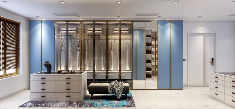 Blue Walk In Closet With Integrated Central Island Seamless Functionality