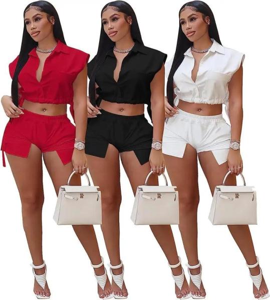 Women′s Sexy Summer Two Piece Outfits Button Down Crop Top Short Sleeve