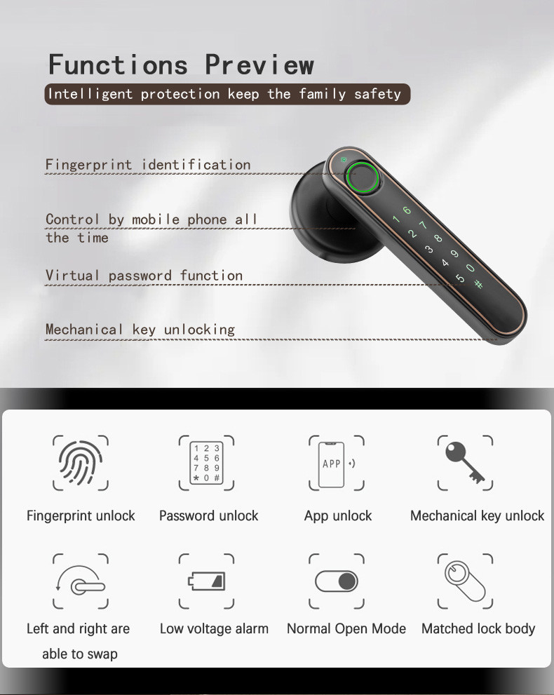 Inside Door Fingerprint Intelligent Lock Multiple Languages Support Bluetooth Tuya App