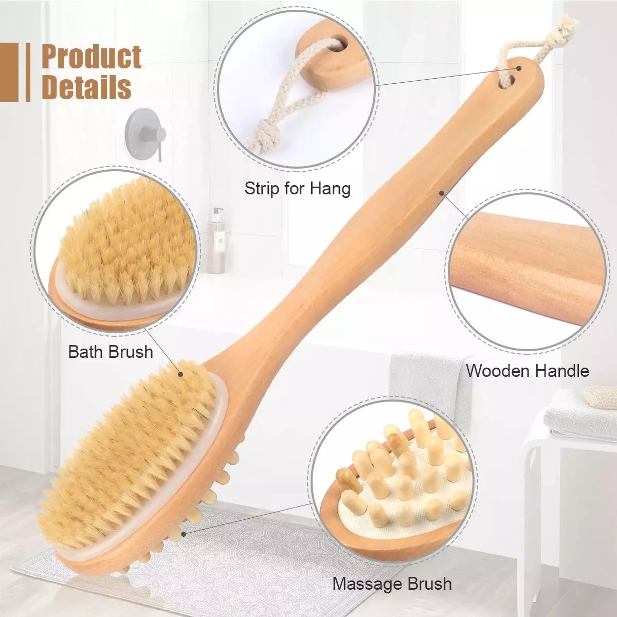 Bathroom Body Brushes Long Handle Bath Natural Bristles Brushes