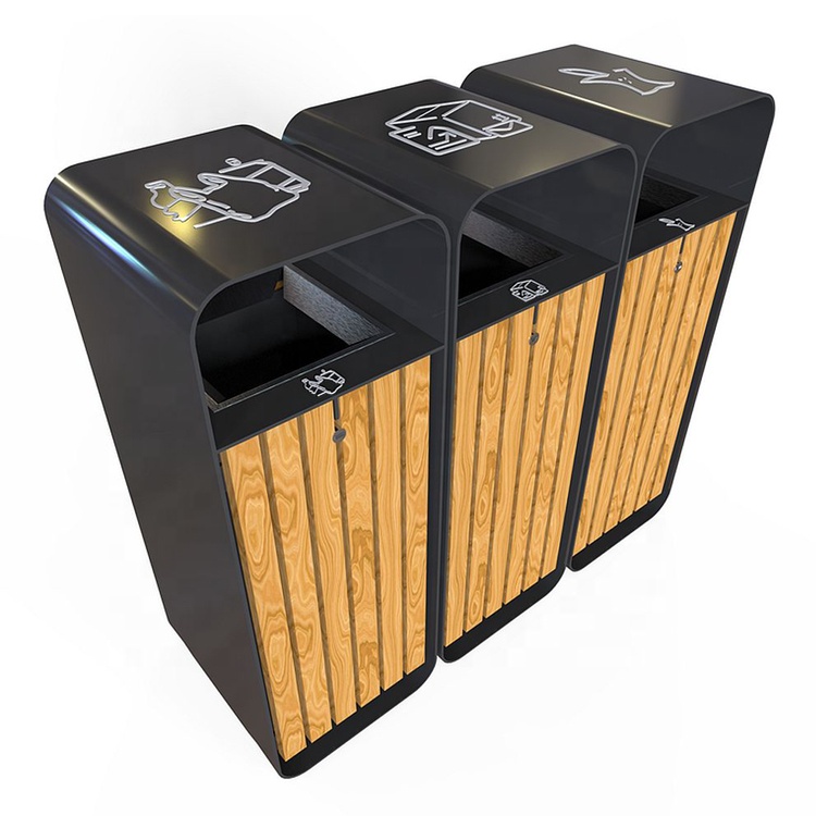 Customized Factory Outlet Outdoor Recycling Bin Garden Park 3 Compartments Wooden Waste Bin Rectangular Shape WPC Trash Bin