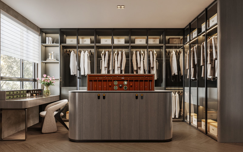 Fadior Custom Stainless Steel Walk-In Closet With Electric Lift Island And Ample Storage