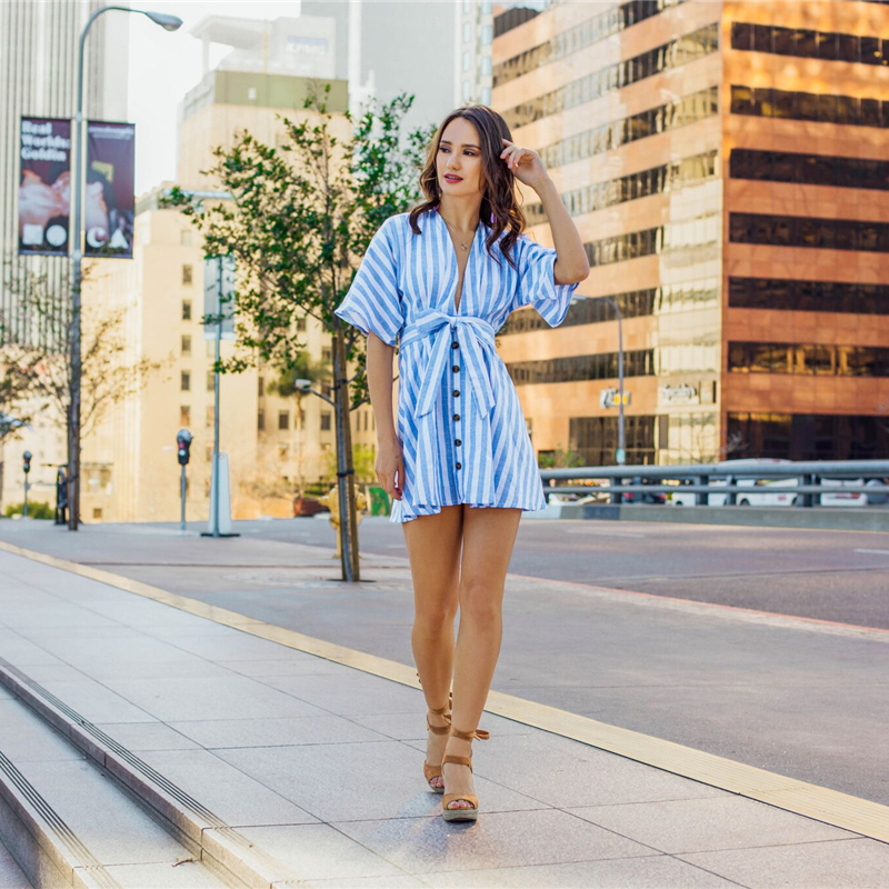 Women Sweet V Neck Tied Open Back Striped Dress With Tassel