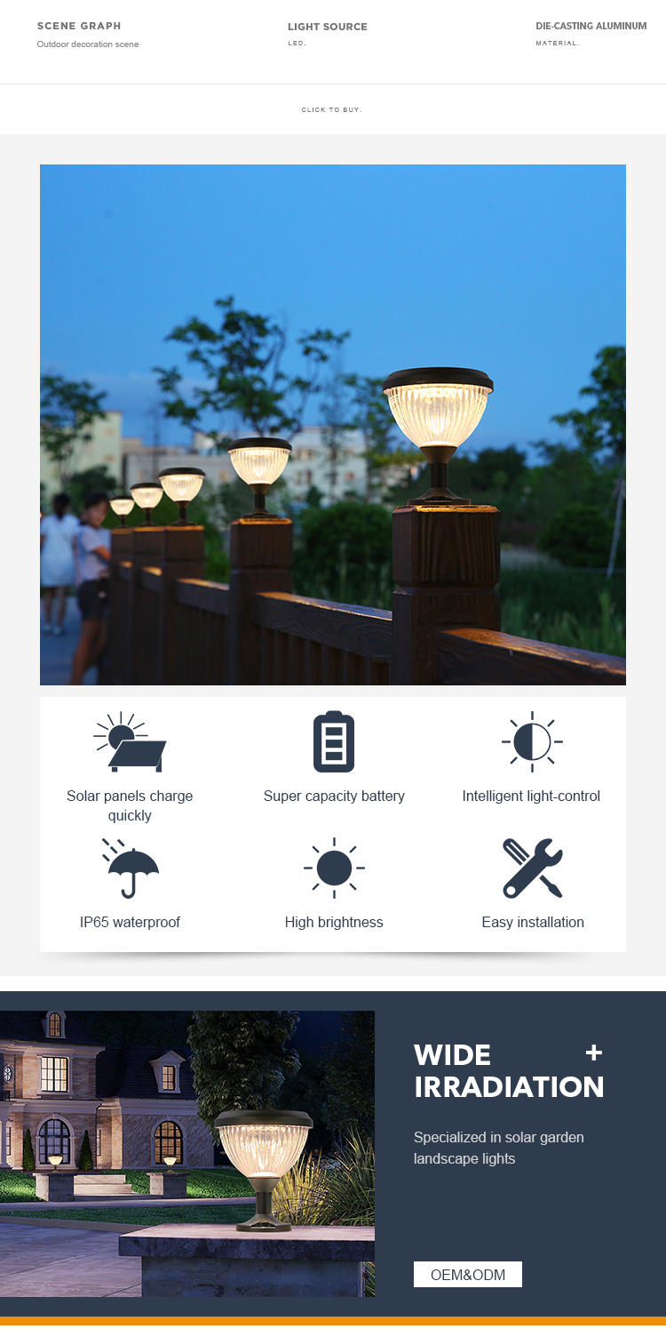 Weatherproof IP65 Solar Gate Post Lights 2W With Aluminum Lamp Body