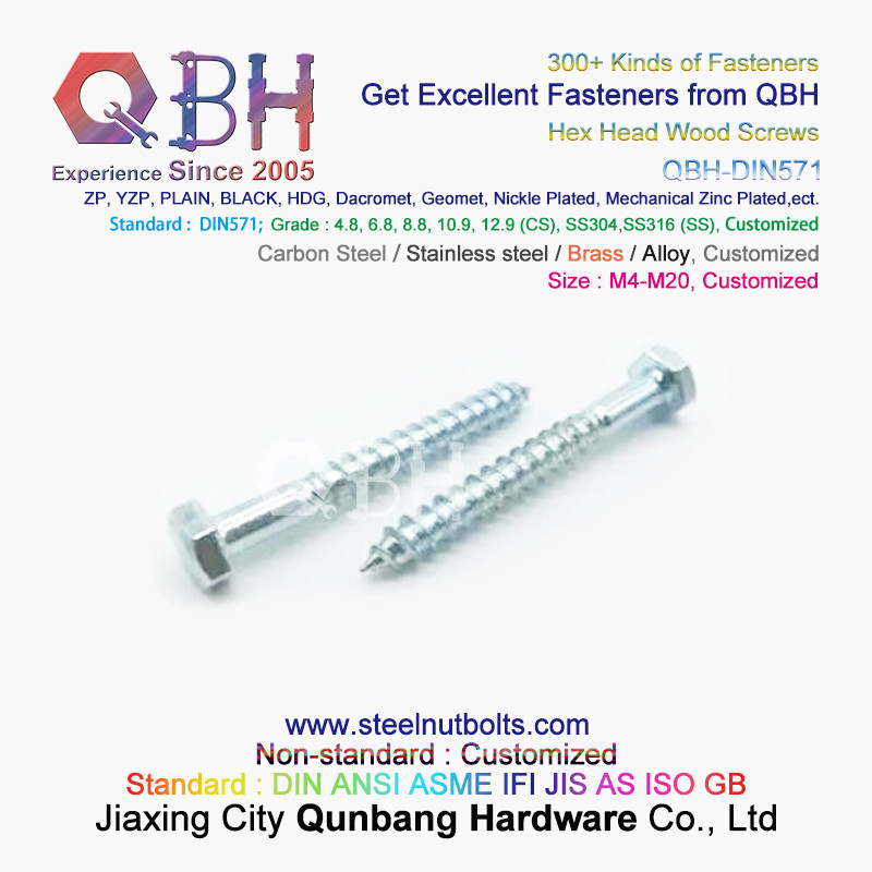 QBH DIN571 M4-M20 Black Hot DIP Galvanizing Plain Carbon Steel Hexagon Head Wood Screws