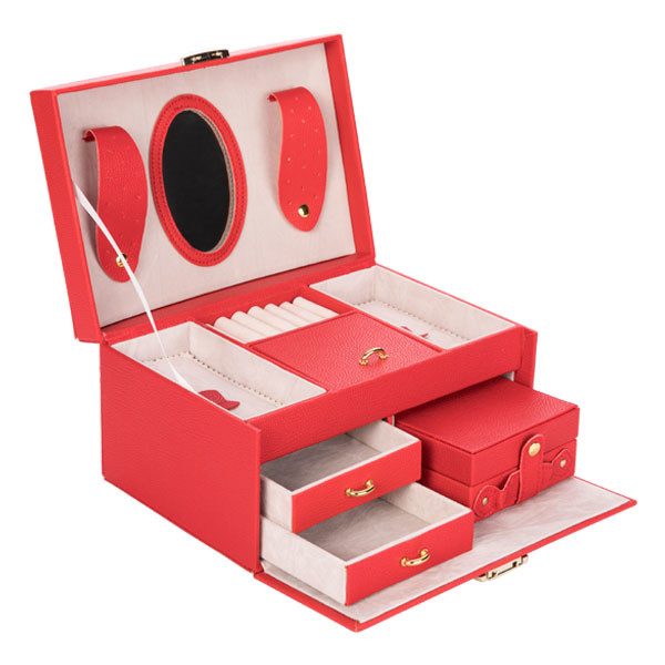 Travel / Gift Red Leather Jewelry Box Durable With Mirror Multi Components