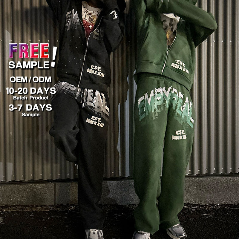 Custom Full Face Zip up Hoodie Screen Print Logo Rhinestone Sweatsuits Acid Wash Stacked Flared Sweatpants and Hoodie Set