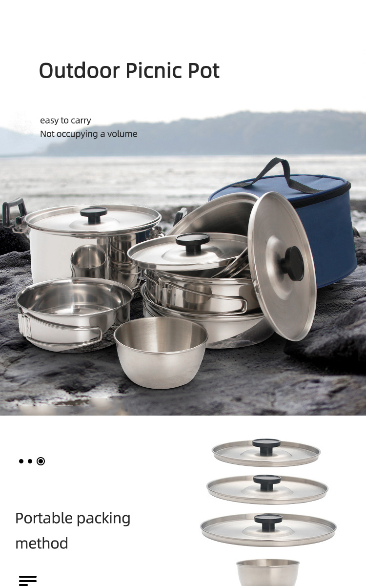 High Quality 304 Stainless Steel Outdoor Cooking Pot Set Camping Cookware Set With Storage Bag
