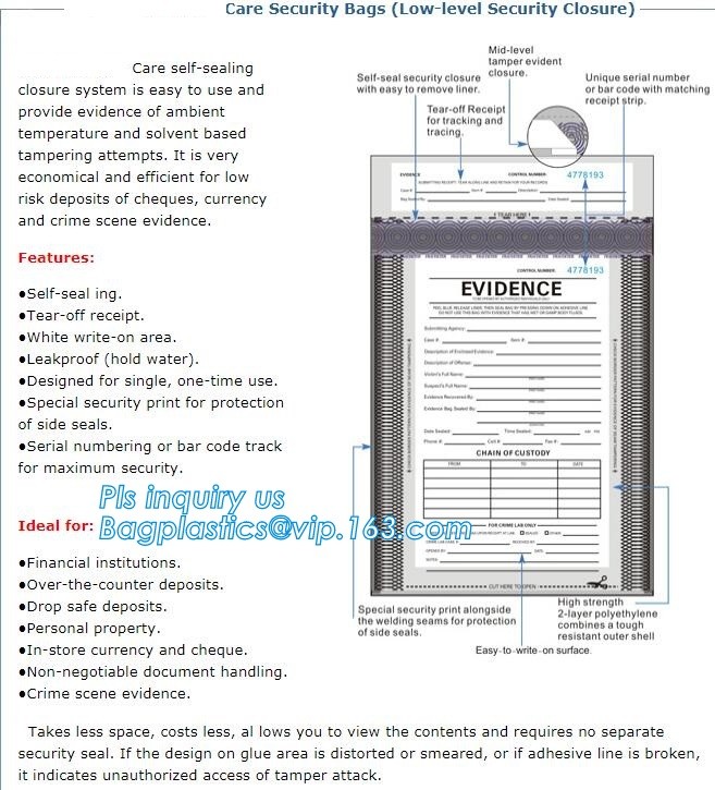 Security plastic bag with adhesive tape for cash, plastic money bag, Security Money Cash Bag For Airport/Bank and police