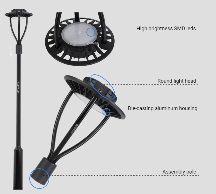 Round Shape LED Garden Light IP65 60/120/150w Black Housing For Park