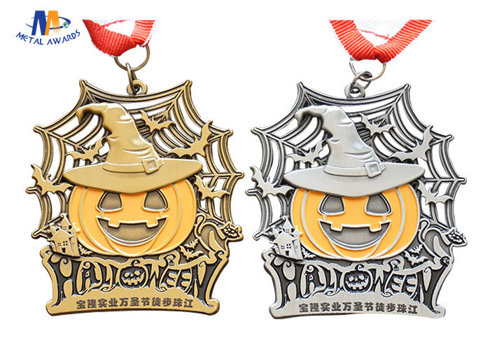 Halloween Medal In Antique Brass / Silver With Plain Woven Ribbon