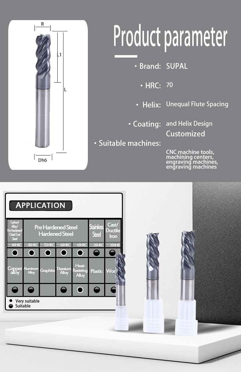 Metalworking Excellent Surface Unequal Flute Spacing And Helix Carbide Black Alcrsin Coating 4 Flutes Hrc 70 End Mill