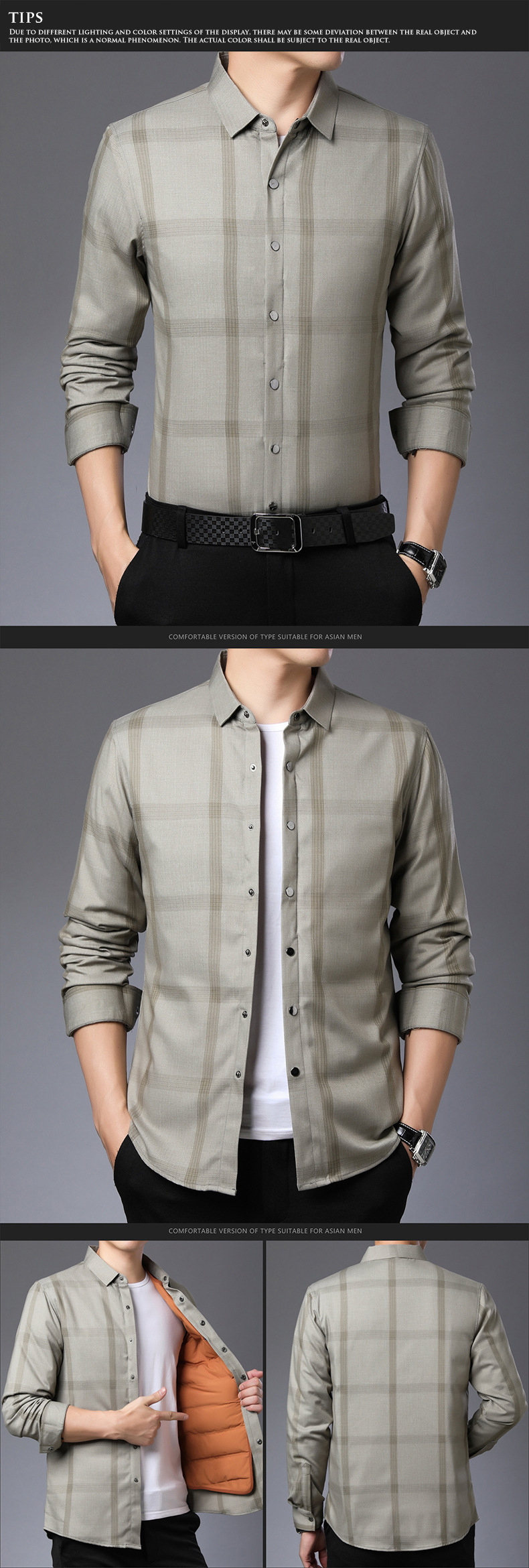 Men's Winter Quilted Shirt with Detachable Fleece Lining Plaid Stripes and Velvet