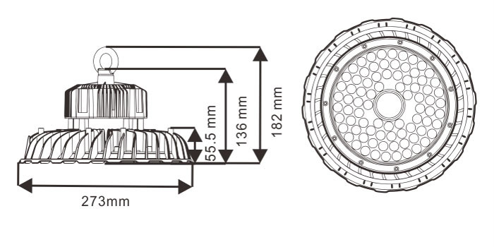 60W 80W 100W Led high bay light dimension