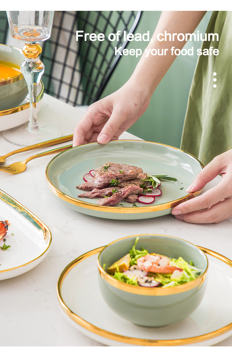 Nordic Luxury Style Ceramic Tableware Set Emerald Green With Gold Rim