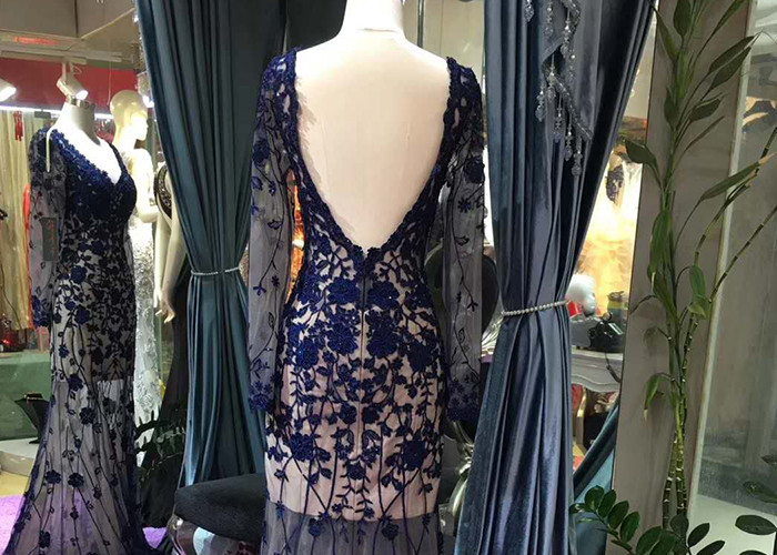 Navy Blue Long Sleeve Lace Mermaid Prom Dress V Neck Backless See Through Style