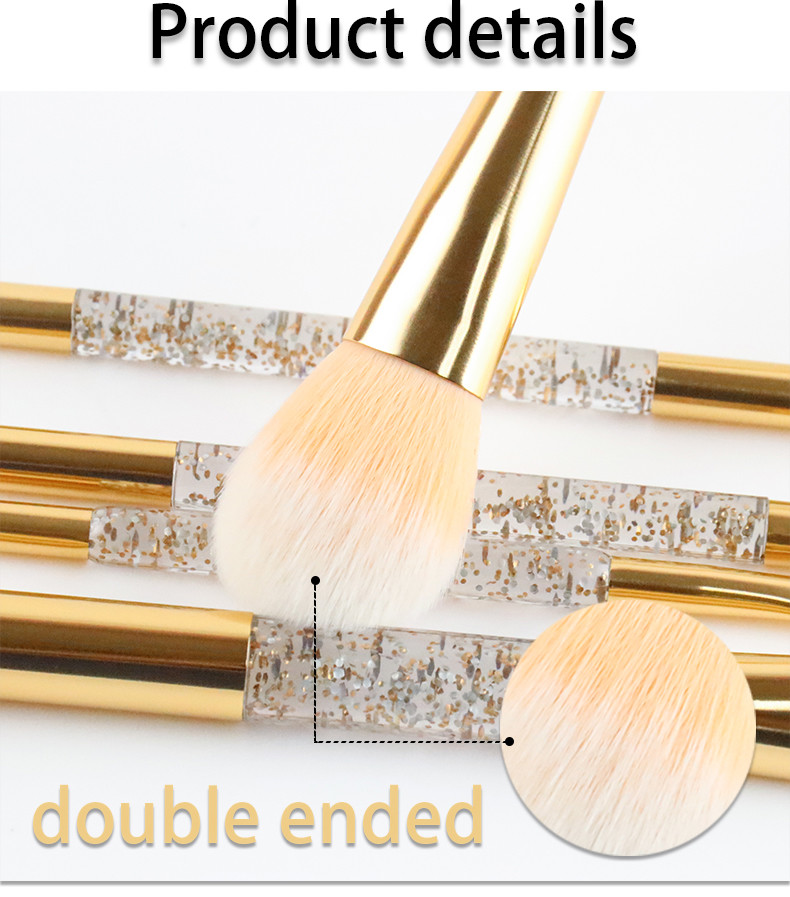 Double Ended Travel Makeup Brush Set 5pcs Transparent Glitter Plastic Handle