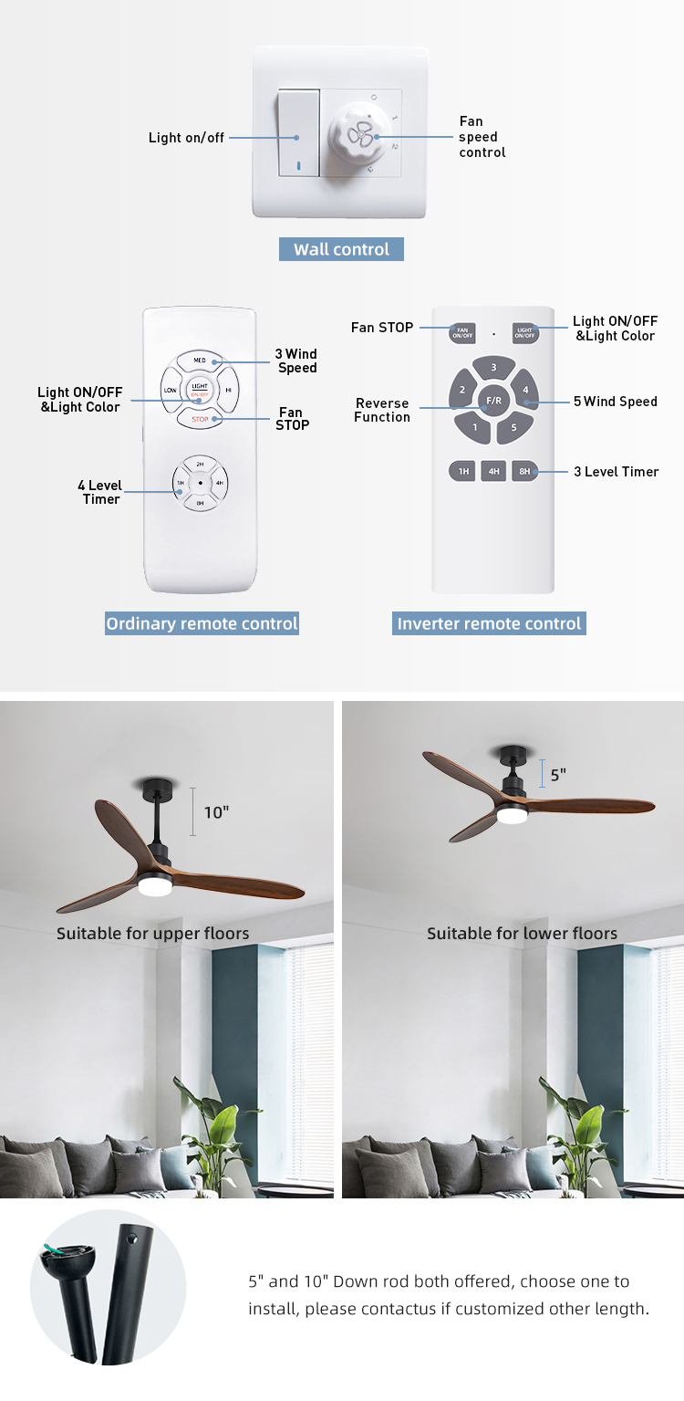 Indoor Remote Control 1500LM Solid Wood Ceiling Fan Light 120V 3000-5000K