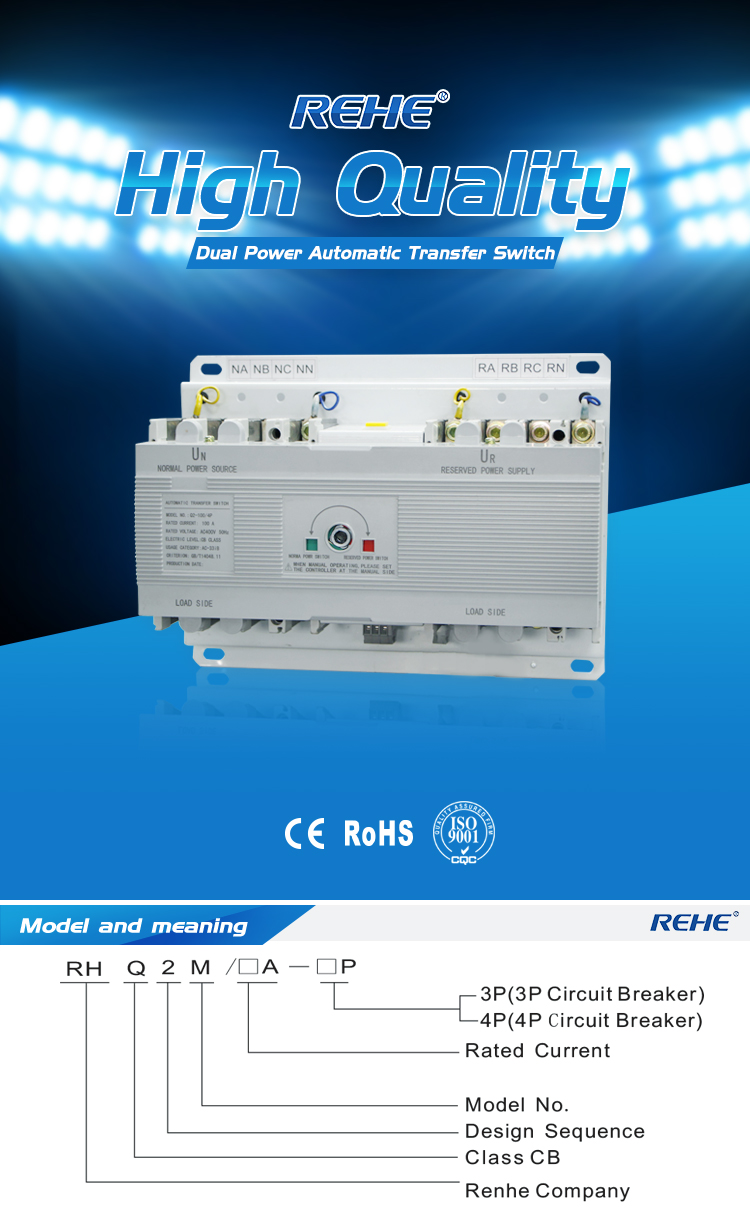 ATSQ2 Series Intelligent MCCB type double power changeover switch 100 amp changeover switch