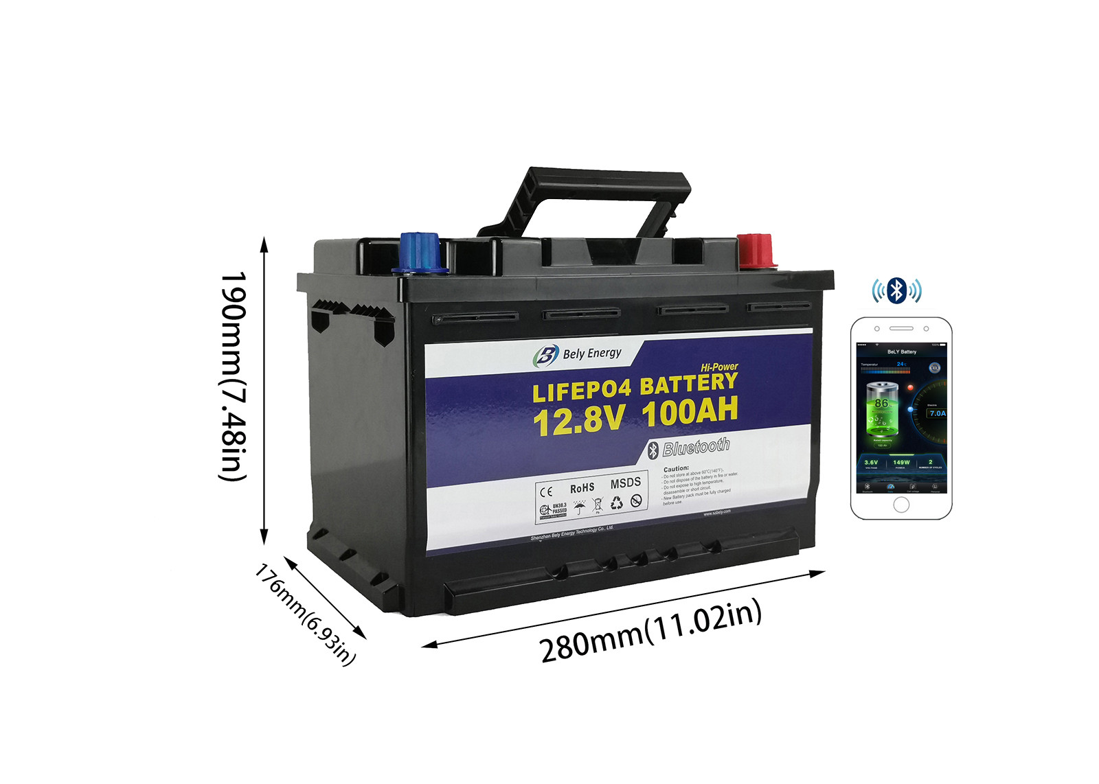 Bely UN38.3 100% DOD Bluetooth Lithium Battery 12V 100Ah Li Ion Battery