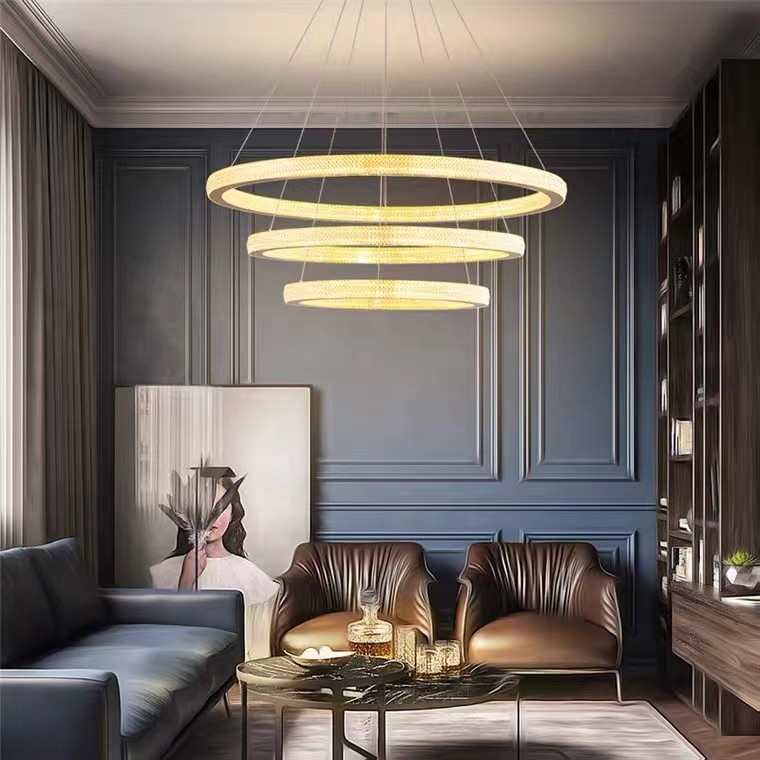 Modern Hanging Lighting Luxury Circle Rings 3000K Pendant Light Gold LED Crystal Chandelier