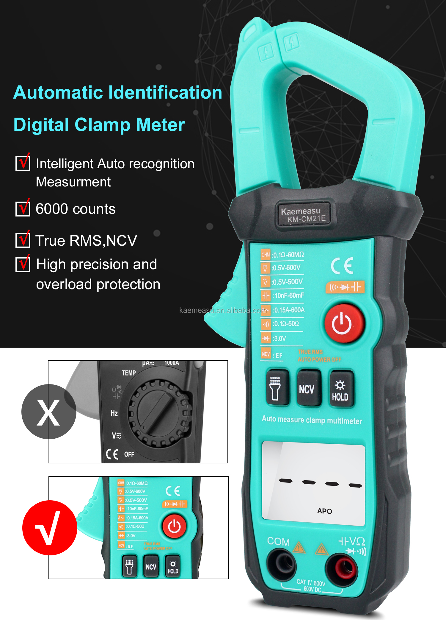 600A Current Measurement Trms Auto-range Voltage Ammeter Hz Ohm Ncv Tester Multimeter Ampere Meter Clamp Meter 21E