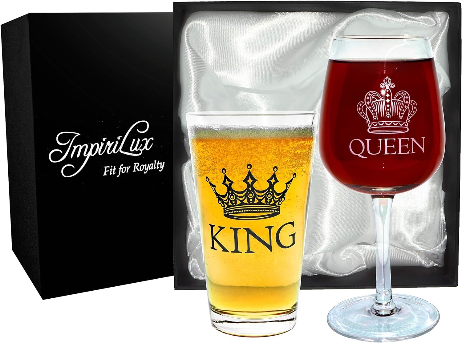 King Beer & Queen Wine Glass Set For Newlyweds Anniversaries