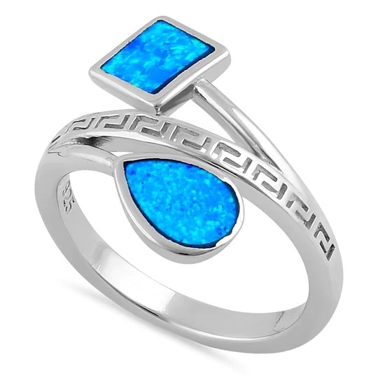 Sterling Sliver 925 Ancient Greek Meander Key Modern Wave Design Blue Opal Ring For Women