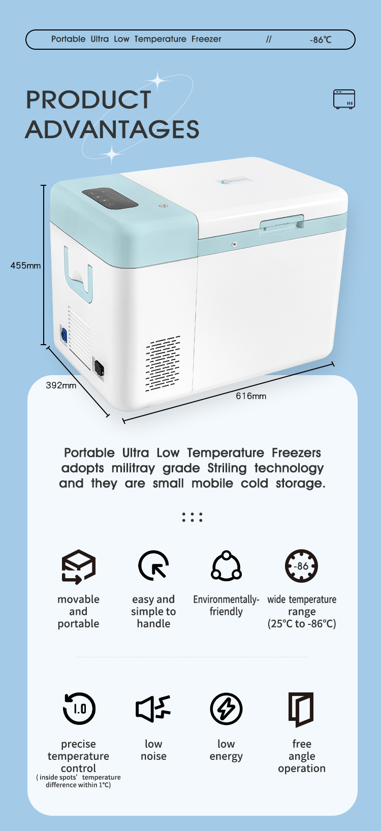 Portable Ultra Low Temperature Laboratory Freezer -86c to 25c with Free Piston Stirling Cooler