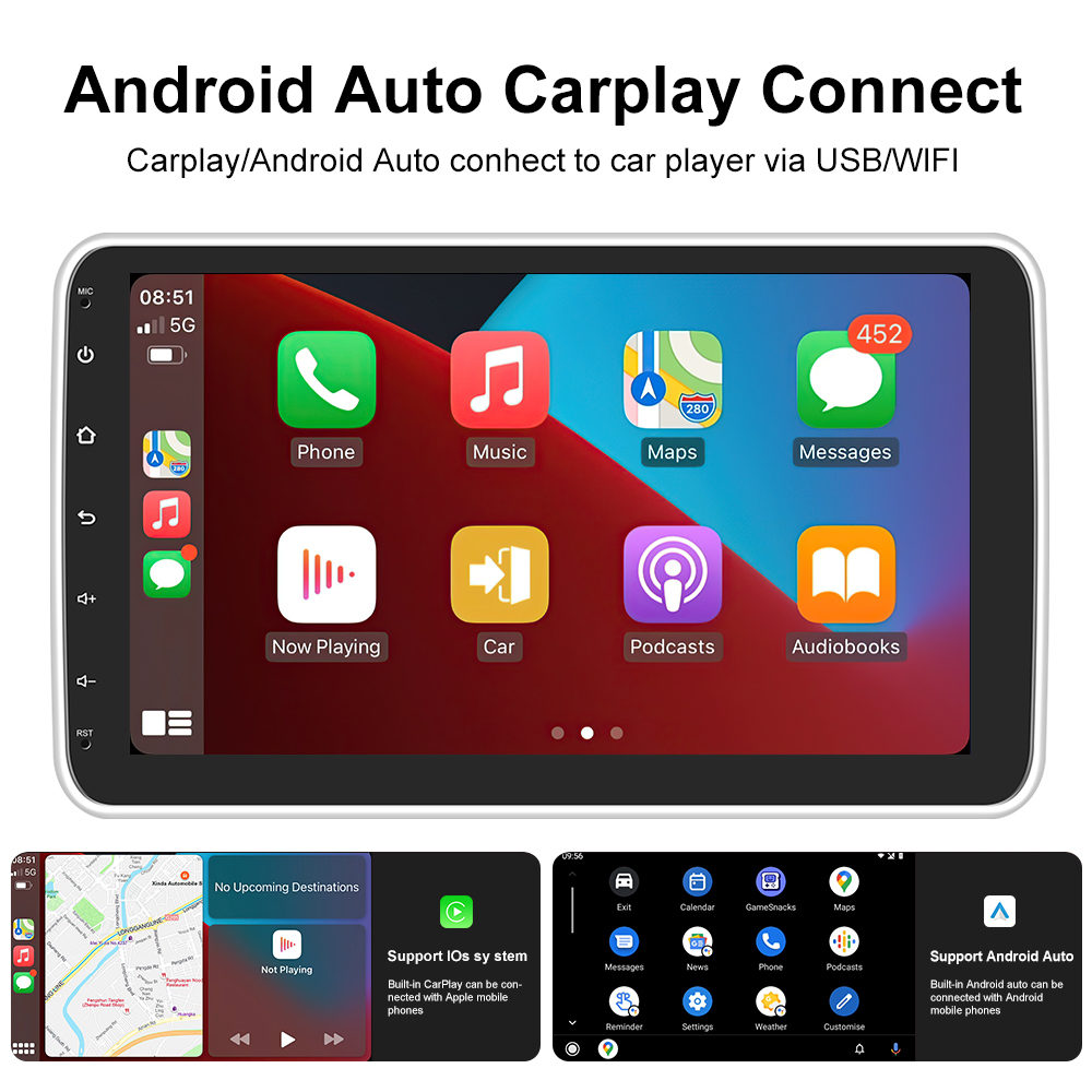 Universal 10.36' IPS Android Car Radio GPS Wifi 1 Din Touch Screen Carplay HD Camera