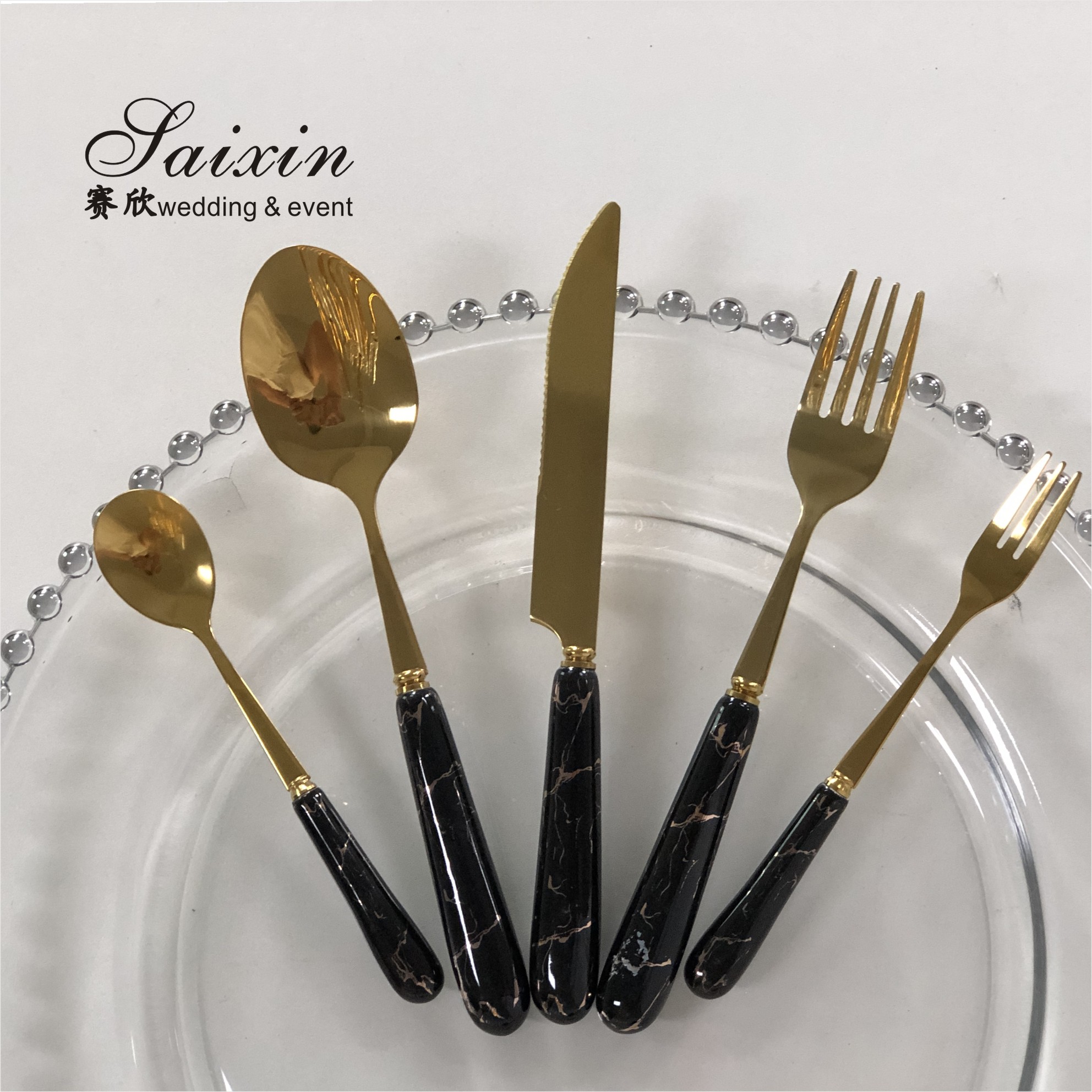 SX-GP-012 Luxury vintage stainless steel knife fork spoon 4pieces set cutlery for wedding dinner party