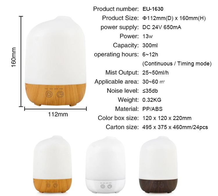 300ML Ultrasonic Wood Grain Aroma Diffuser with 7 Color Lights and 4 Timer,Auto Shut-off Function