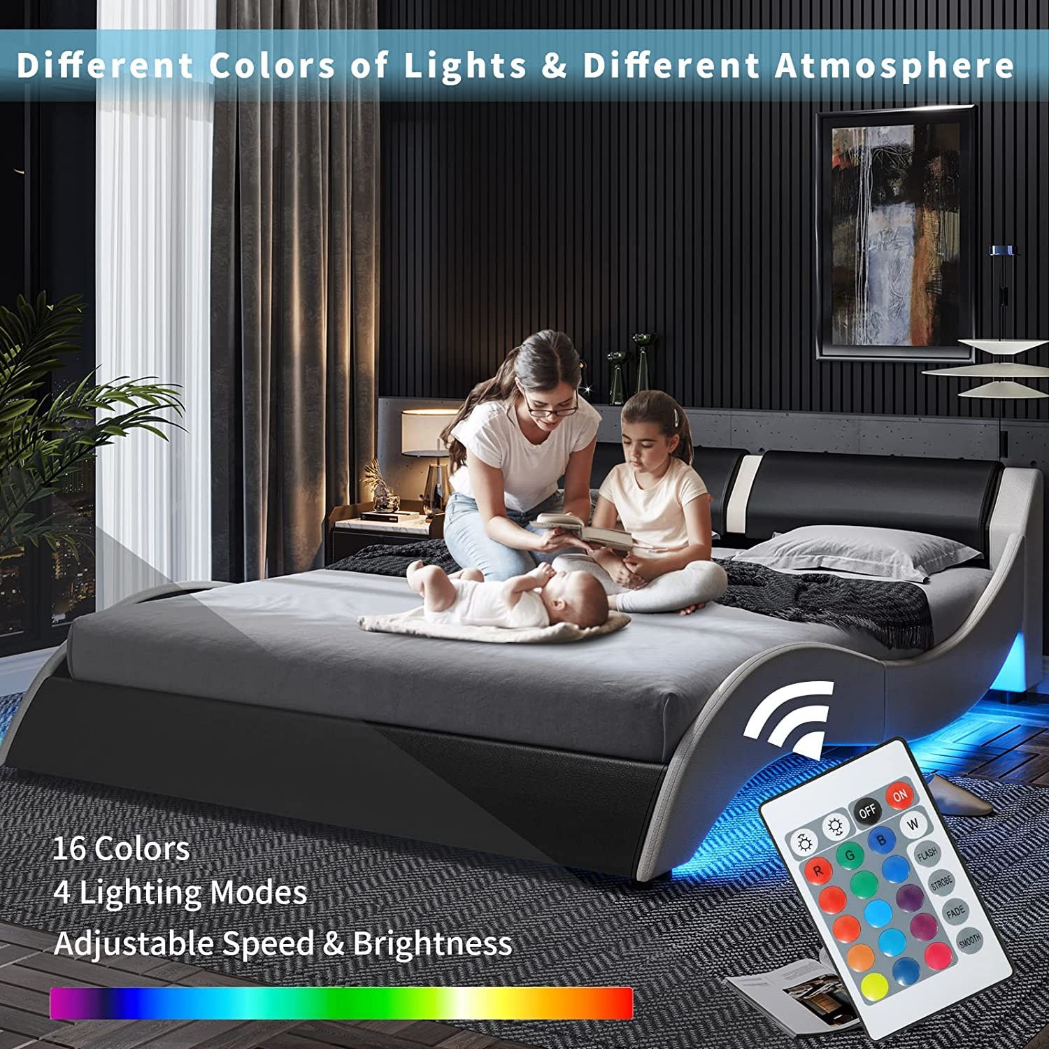 Upholstered Bed with PU Leather Headboard, PU Platform Bedframe with LED Lights