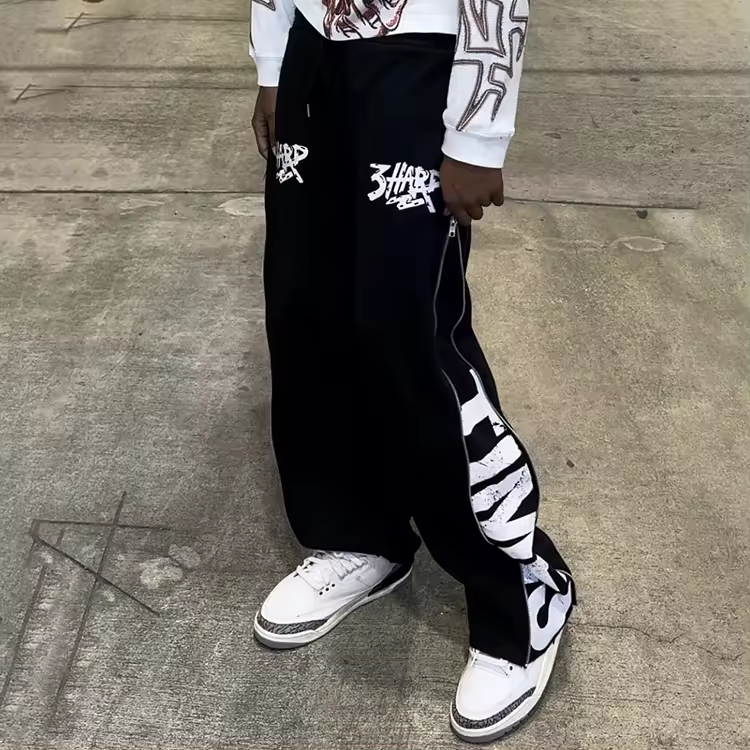 Zip Up Side Cotton French Terry Mens Sweatpants with Elastic Waist and Zipper Closure