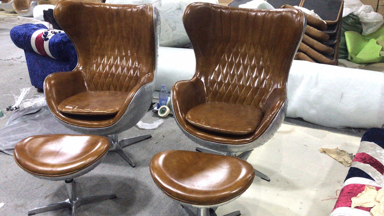 Brown Retro Ottoman Footstool Genuine Leather Bar Stools For Living Room