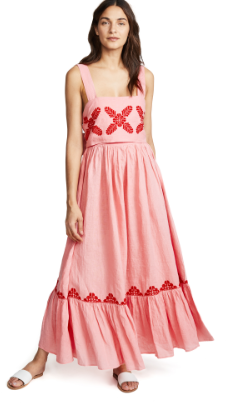 2018 Pink Linen Embroidery Women Maxi Dress Summer