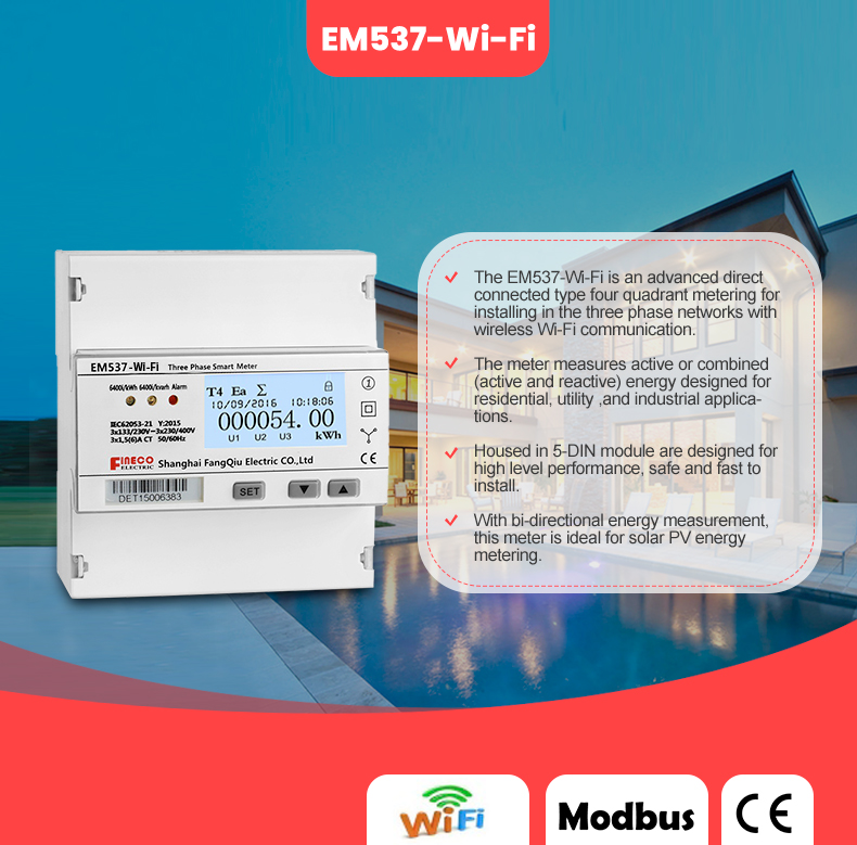EM537 WiFi 3*133/230V 3*230/400V 5 65 A Wireless KWH Digital Bidirectional Power Meter