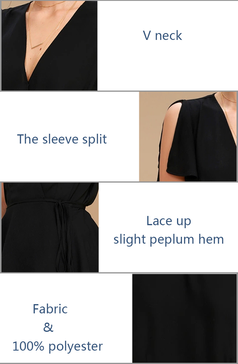 Modesty V Neck Fashion Black Women Top With Plunging Neckline