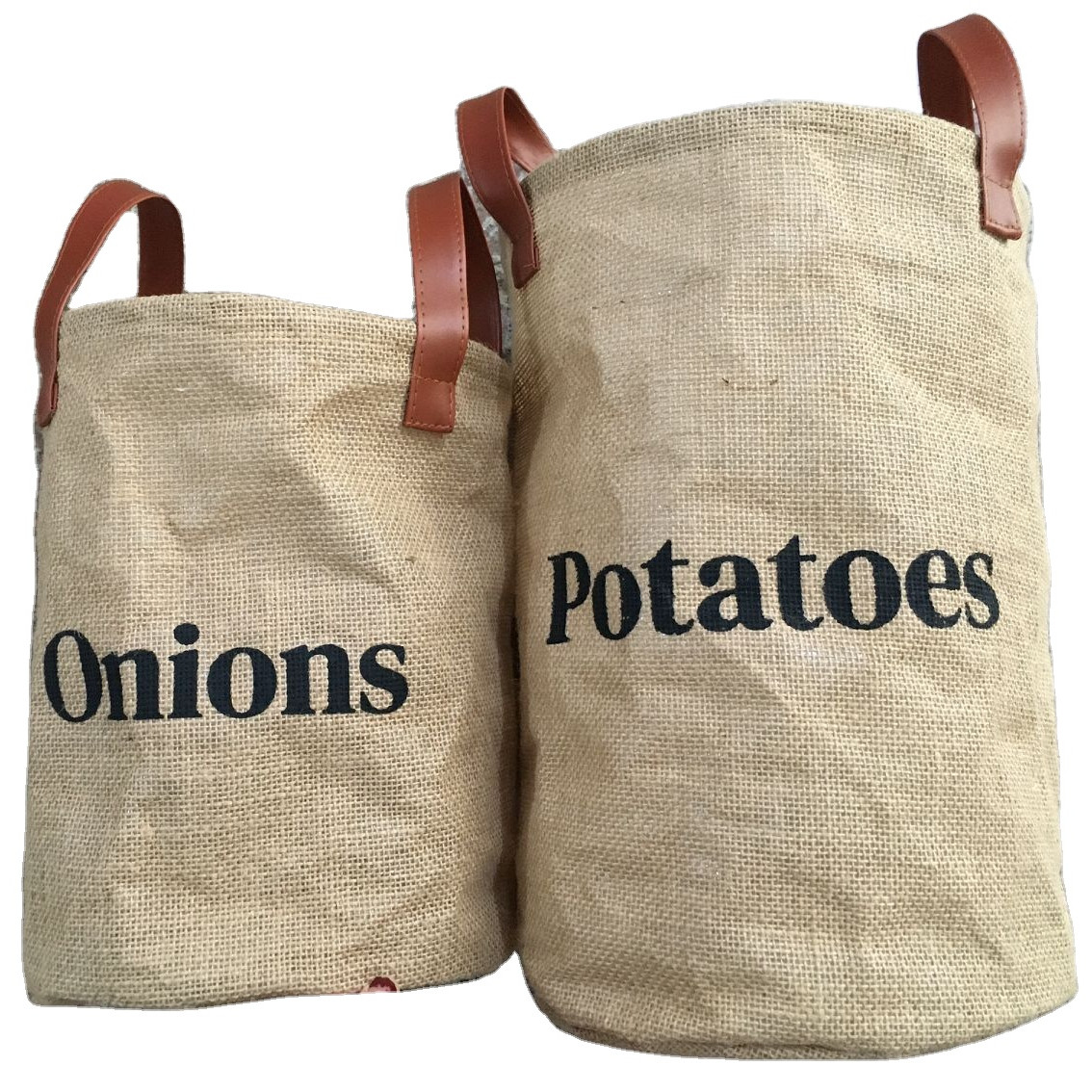 Onions Potato Printed Jute Bags Storage Bags With Leather Handle