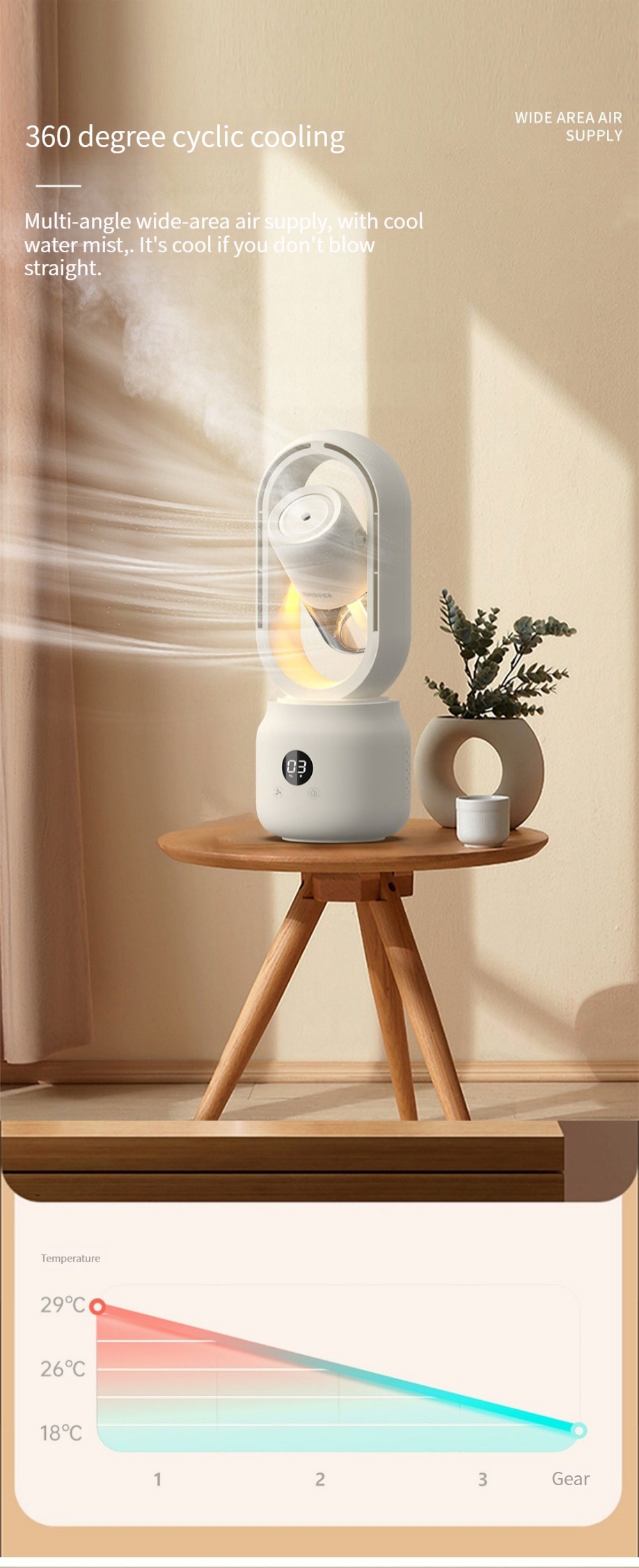 300ml 2 In 1 Air Conditioning Humidifier Vaneless Fan 2000mAh Rechargeable Battery